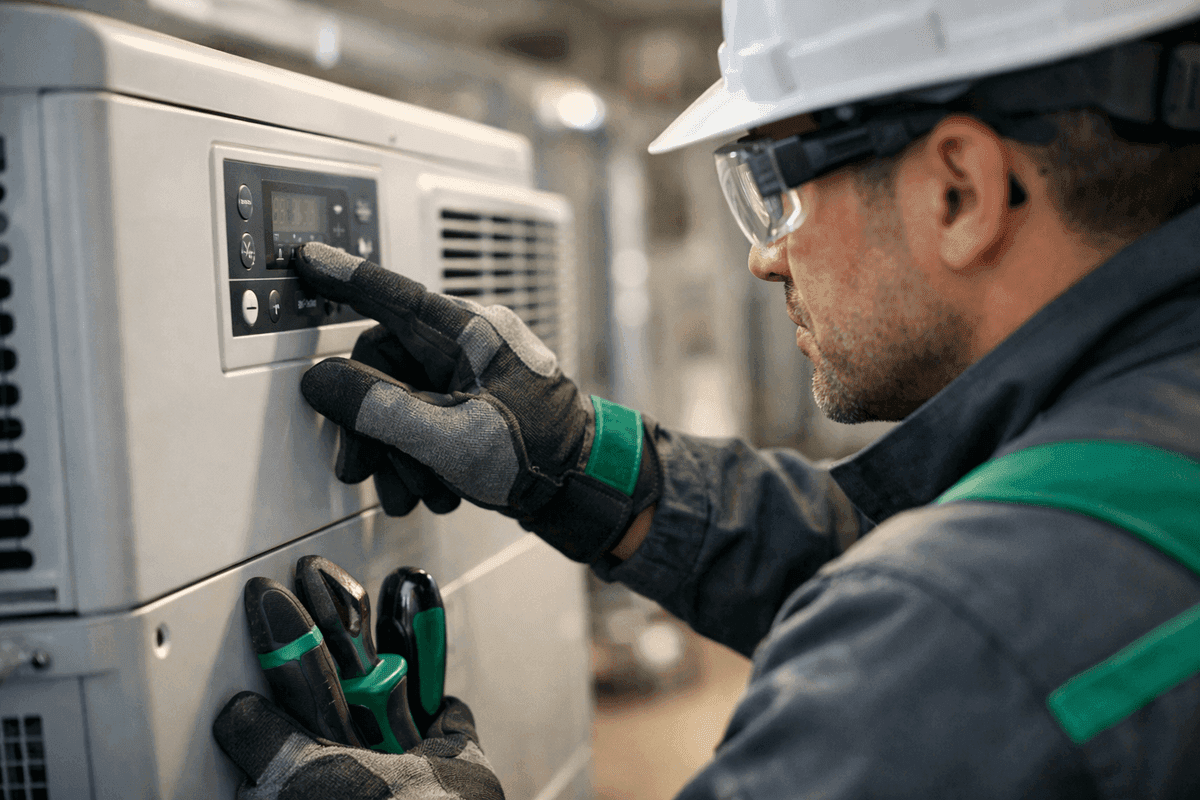 Close-up of technician’s gloved hands adjusting air conditioning unit controls indoors in St. George